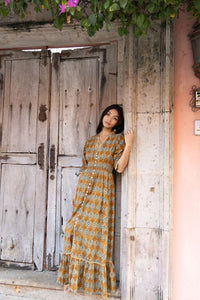 mustard color block printed maxi dress
