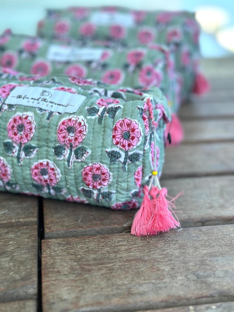 pink tassels on green makeup bags - The Fox and the Mermaid