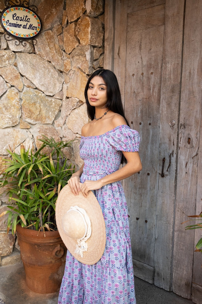 gray and purple floral block printed cotton maxi - The Fox and the Mermaid