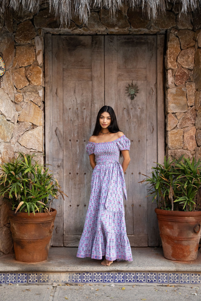 purple block printed cotton dress 
