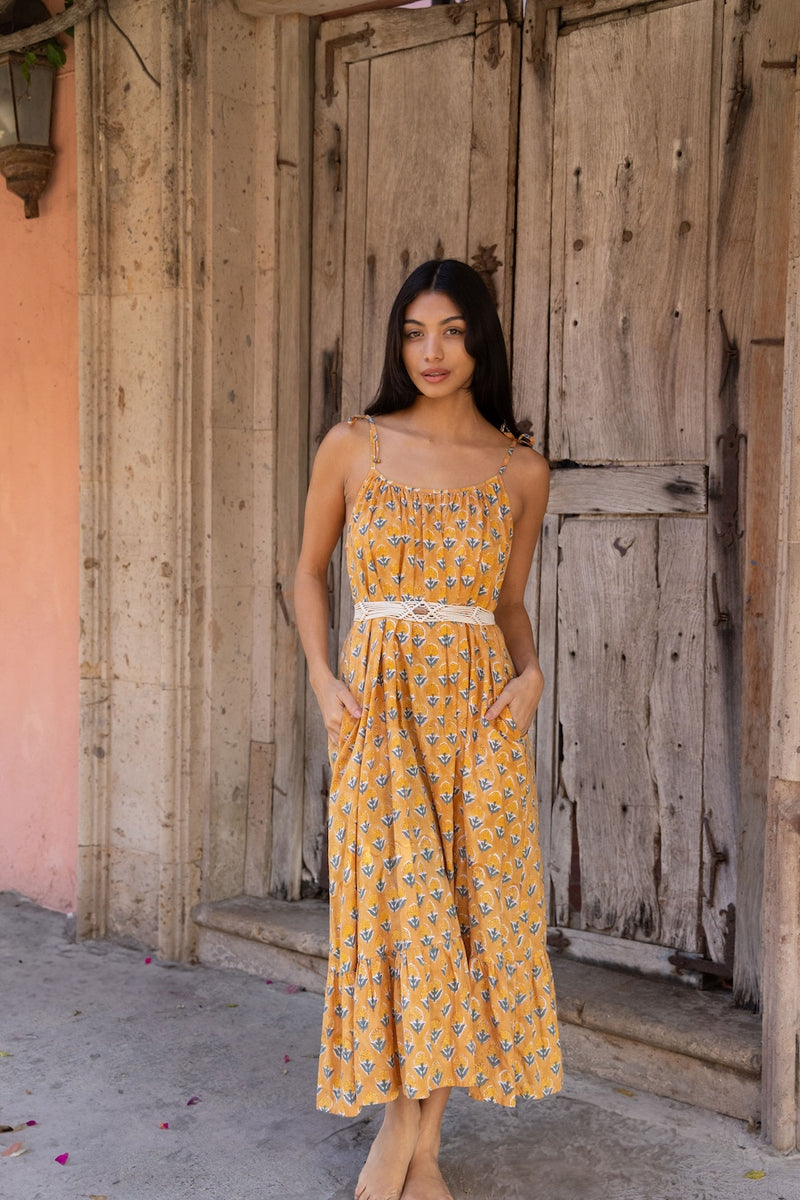 long yellow dress with belt - The Fox and the Mermaid