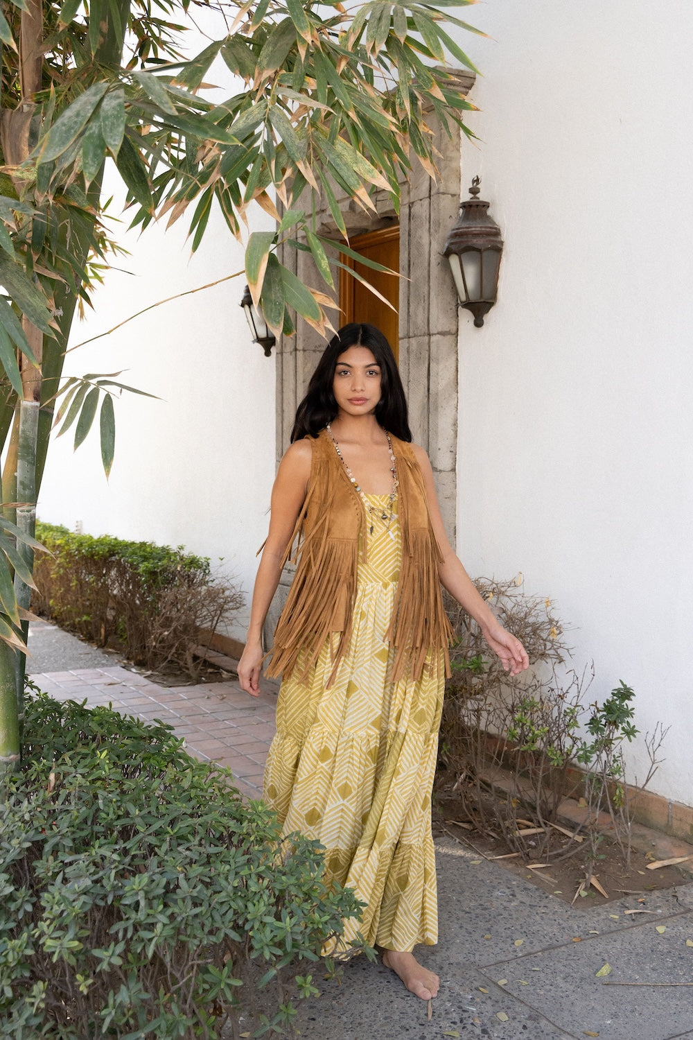 yellow dress with fringe vest maxi - The Fox and the Mermaid